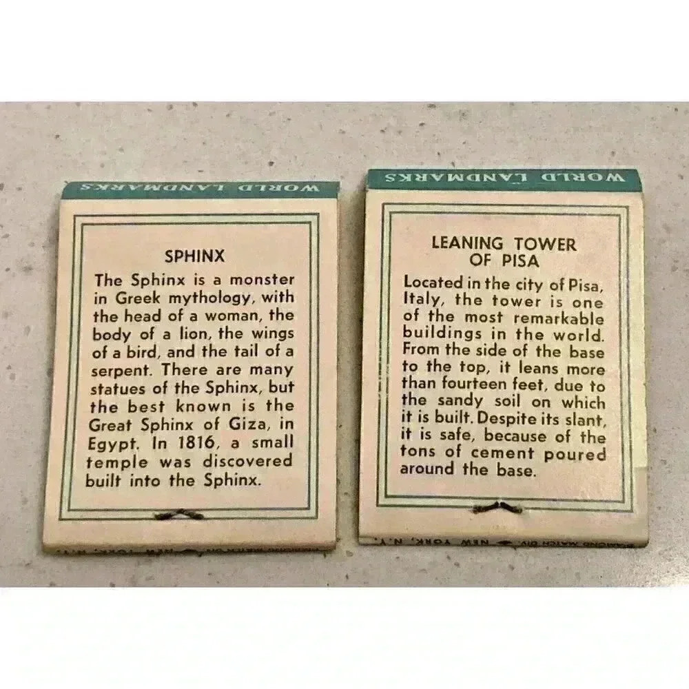 2 Vintage World Landmarks Matchbook Covers Sphinx Leaning Tower Pisa Ephemera - Picture 2 of 5